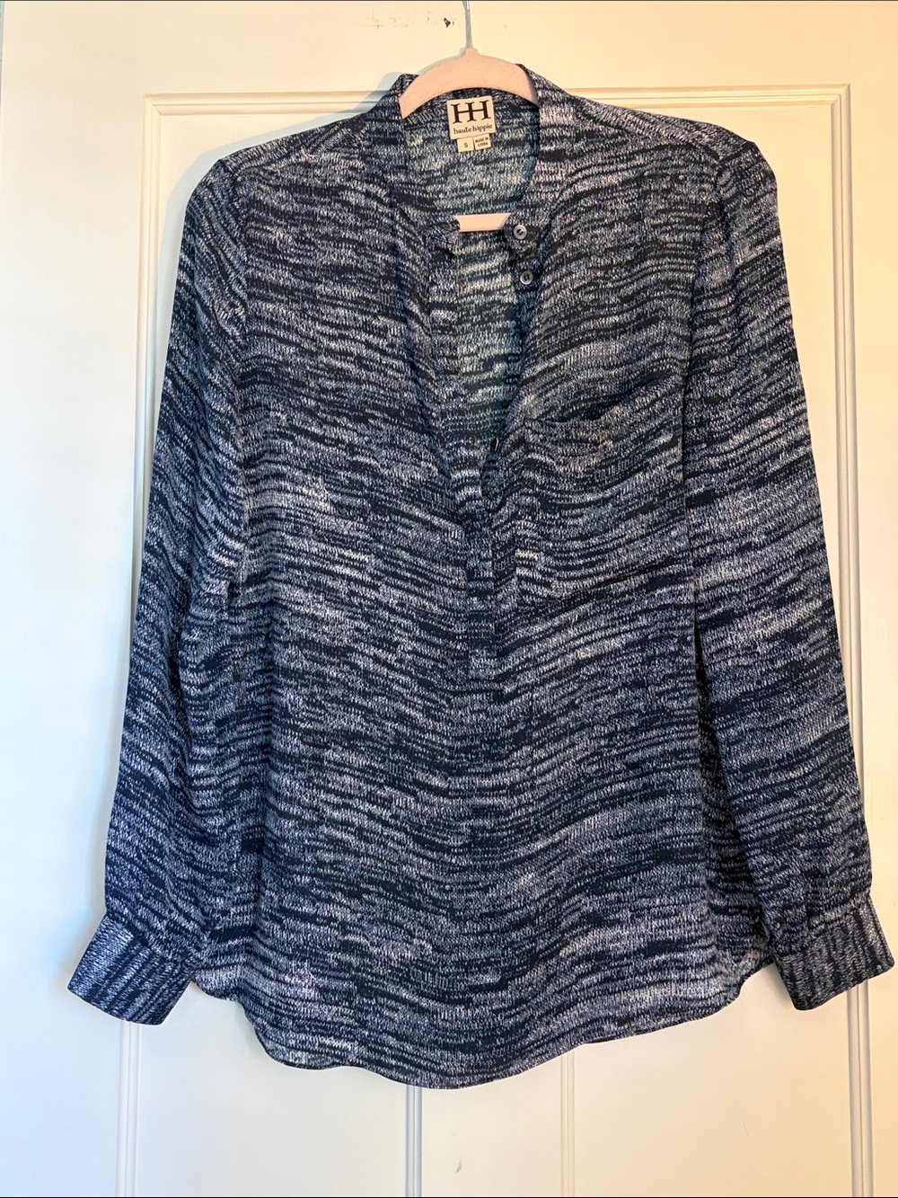 Haute Hippie Navy and White Textured Henley Silk Blouse